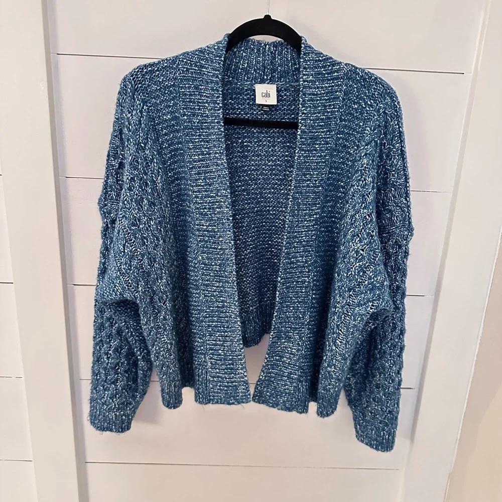 CABI Astral S #4095 Celestial Blue chunky cable knit crop cotton woman cardigan